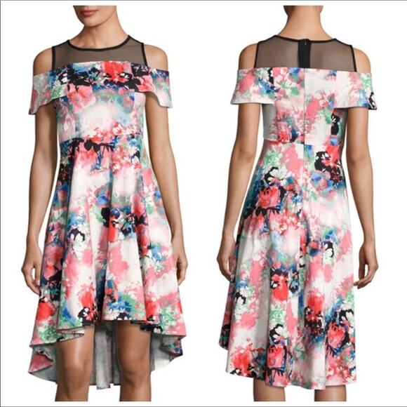 Neiman Marcus NWT Floral Dress Jacquard Cold-Shoulder Pink Multi-color Hi-low - Picture 1 of 7